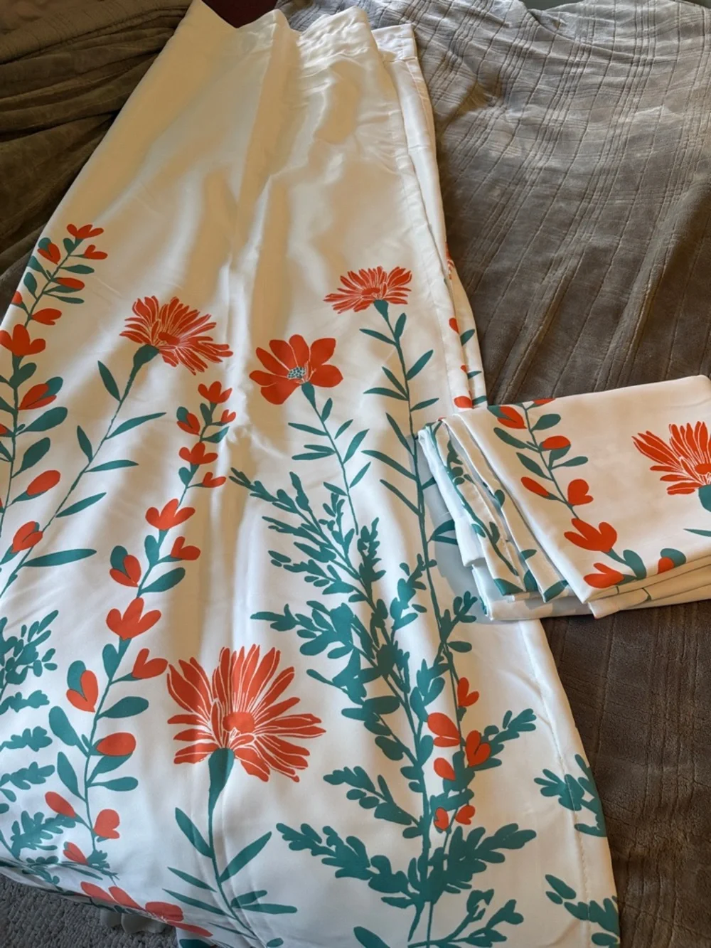 Aprile Floral Light-Filtering Curtain Panels - White with Orange & Turquoise